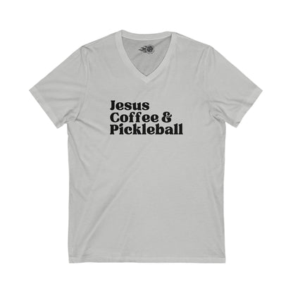 Jesus, Coffee, & Pickleball V-Neck Shirt