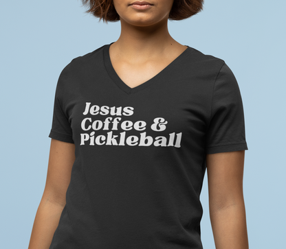 Jesus, Coffee, & Pickleball V-Neck Shirt